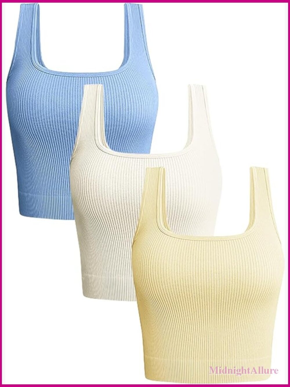 3 Pack Crop Tank Tops Seamless Ribbed Square Neck Workout Tanks